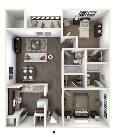 Floor plan for 2 beds, 2 baths, 770 sqft